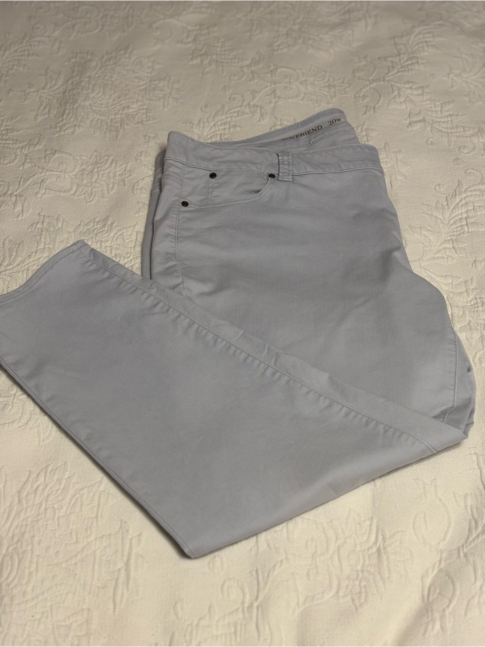 Talbots light grey/ pearl/ green straight leg chino pants with zipper closure.